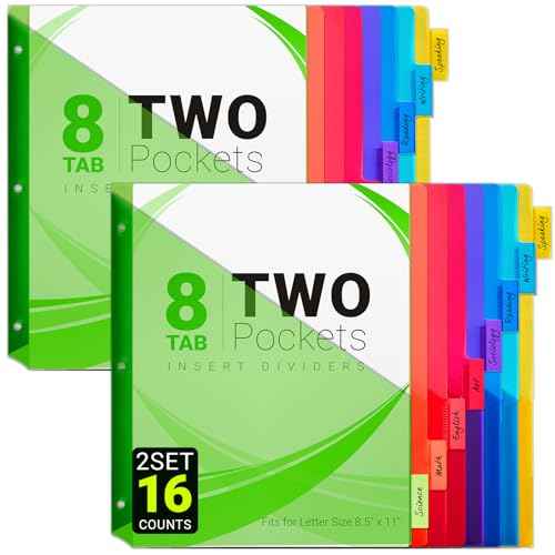 8-Tab Dividers for 3-Ring Binders, 16 Counts 3 Holes Index Dividers with 2 Pockets, Insertable 8 Tabs Binder Divider for 1/2''/1''/2''/3'' inch Binders, 8 Colors (2)