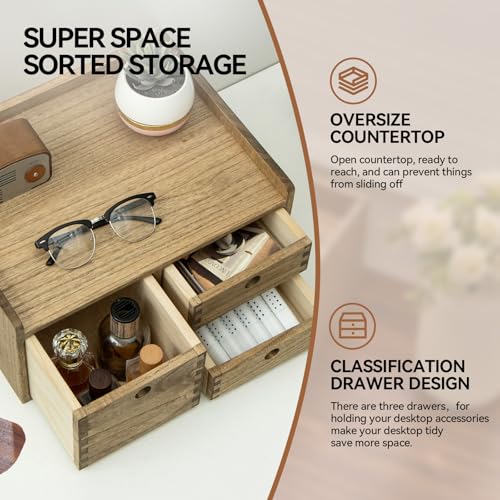 KIRIGEN Desk Organizer with 3 Drawers - Wood Drawer Storage Box with Trays for Tabletop - Workspace Office Toiletries Supplies Tool Caddy - Wooden Storage Cabinet1 Layer Dark Brown£¨DT1D3C-DBR£©