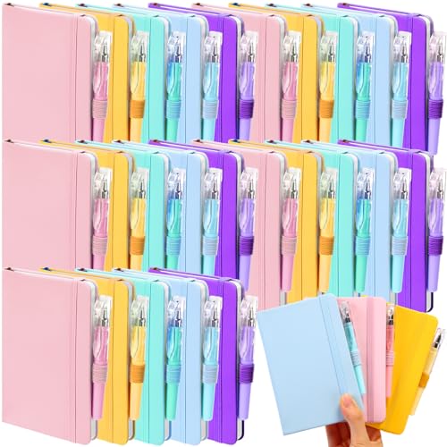 Sayglossy 25 Pack Pocket Small Notebook Journals with Pen 5.6'' x 3.7'' Mini Journaling Notepads A6 Ruled Journals Hardcover Lined Notebook Bulk with Pen Holder for Office School Memo(Macaron Colors)