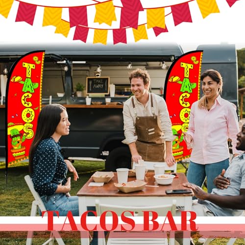2 Set Tacos Feather Flag Kit, 8ft Advertising Swooper Flag Banner with Pole and Ground Stake for Business Restaurant Advertising Banner for Outside Ground