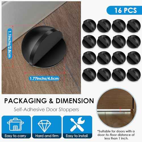 16 Pcs Self Adhesive Door Stoppers, Stainless Steel Floor Door Stop Wall Protector, Half Dome Floor Gate Stopper for Living Room, Bedroom, Bathroom, Office (Black)