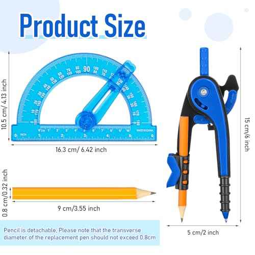 Zonon Student Geometry Math Set Compass and Protractor Set, Drawing Compass and 6 Inch Clear Swing Arm Protractors 180 Degree Math Protractor(Blue)