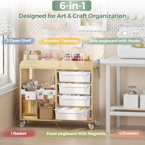 SYKIARIOL White 4-Drawer Rolling Craft Cart with Labels & Hooks