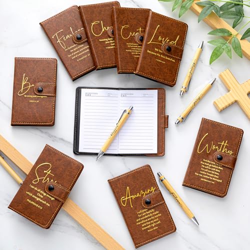 Spakon 40 Pcs Christian Gift Bulk Leather Prayer Journal Religious Notebook with Bible Verse Pens Teacher Appreciation Gift for Women Men Church Sunday School Pastor (Dark Brown)