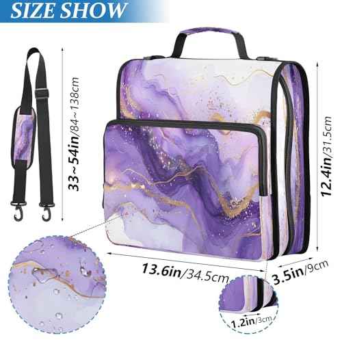 Purple Marble Waterproof Zipper Binder with Shoulder Strap, 3-Ring Trapper Keeper with Lay-Flat Design and Multiple Compartments for School & Office, Adults & Kids