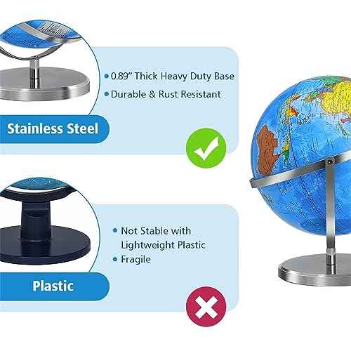 World Globe with Stainless Steel Stand 13 inch, 720 Rotating & HD Waterproof Material, Teaching/Geographic/Decorative Globes with Clear Text for Elementary, Classroom, Home, School, Office