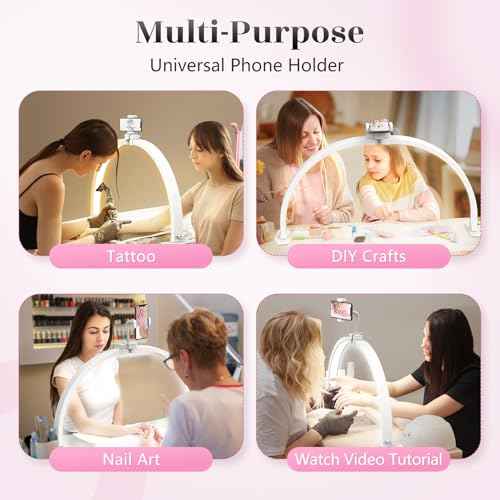 Yokilly Half Moon Light for Nail Desk: 29" Foldable Half Moon Desk Lamp with Phone Holder for Beginner - Arch Nail Tech Light with 3 Color Modes & 10 Brightness for Manicure Salon (White, Large)