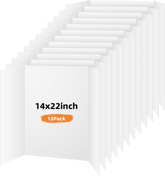 Trifold Poster Board - 12 Pack White Presentation Boards | 14x22 Inches for Science Fairs & Exhibitions