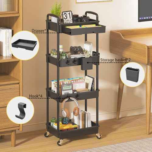 4 Tier Rolling Utility Cart with Drawer, Plastic Storage Organizer Rolling Carts with Wheels Handles Hanging Cups Hooks for Office, Bathroom, Kitchen,Craft Art Room (Black)