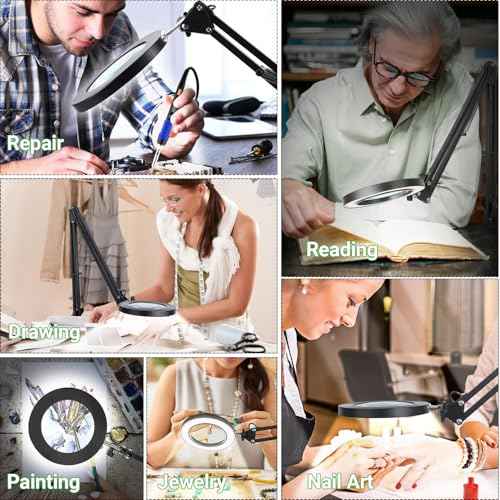 15X Real Glass Lens Magnifying Glass with Light ? 3 Color Modes & Adjustable Brightness, Hands-Free Magnifier with Metal Base & Clamp for Crafts, Repair, Reading, Sewing, Painting & Close Work