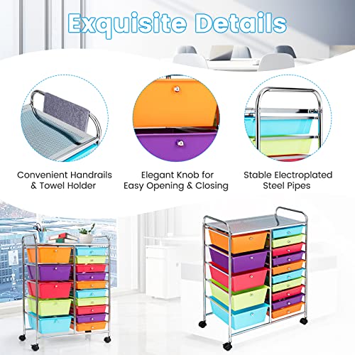 DREAMADE 15-Drawer Rolling Cart with Lockable Wheels, Multi-Color 25"L x 14.5"W x 34.5"H