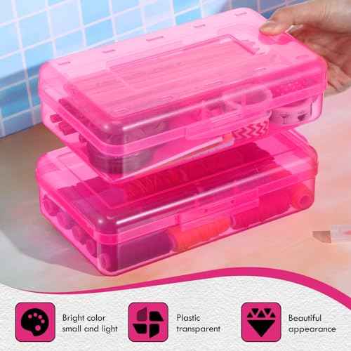 Patelai 30 Pcs Large Capacity Pencil Case Bulk Clear Hard Plastic Pencil Box Organizer with Snap Tight Lid Stackable Crayon Storage Box for Kids School Classroom Home Office 2 Style (Pink)