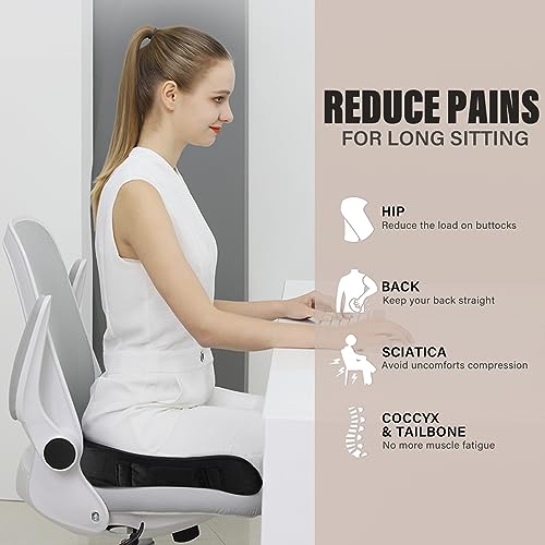 WAOAW Black Memory Foam Seat Cushion for Office Chair & Car – Coccyx Tailbone Pain Relief