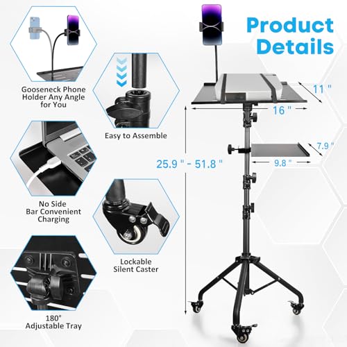 Portable Laptop & Projector Stand with Phone Holder and Mouse Tray £¬Adjustable Height Tripod Stand for Laptop, Projector, DJ, Sheet Music£¬Black
