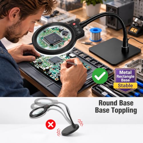 Black 30X-12X Magnifying Glass with Light & Stand, 5-Inch HD Lens
