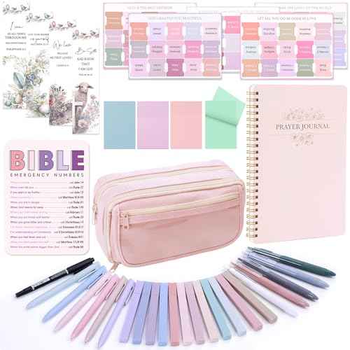 XKDOUS Bible Study Supplies Journaling Kit for Women, Bible Study Kit, 12 Pastel Highlighters and 12 Pens No Bleed, 75 Laminated Tabs, Prayer Journal Pencil Case and More, Pink
