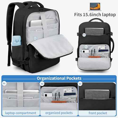 ZOMFELT Travel Backpack for Women Men, Carry on Backpack, TSA 15.6 inch Laptop Backpack Flight Approved, Personal Item Travel Bag Nurse Bag Casual Daypack for Weekender Business Trip, Black