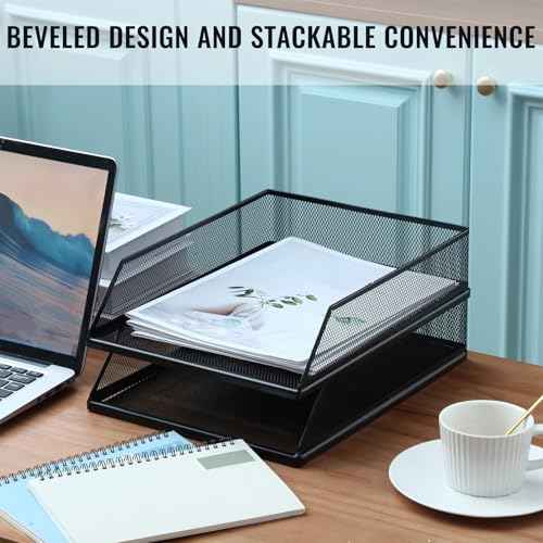 Hicarer 4 Pcs Black Metal Letter Tray Stackable Desk Tray Single Wire Mesh Organizer Front Load File Paper Holder for Desktop Office Home School Classroom (12.8 x 9.84 Inch)