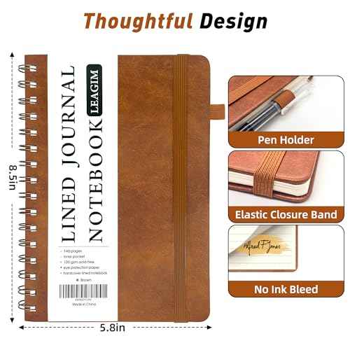 Lined Spiral Journal Notebook for Women & Men, College Ruled Hardcover Notebook for Work & Note Taking, Journals for Writing, 100 GSM, Business, School, 140 Pages, A5(5.8"x8.5") - Brown