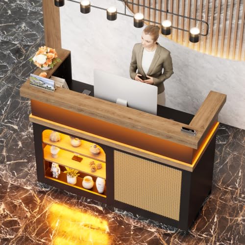 SDMY D-Black Reception Desk with LED Lights, Lockable Drawers & 63.6in Front Table