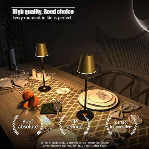 Modern LED CordlessTable Lamp,4000mAh Rechargeable Battery Desk lamp,3 Level Brightness Kitchen Light, Portable,Minimalist Design, for Couple Dinner/Coffee Table/Restaurant/Bedroom(Gold&Black 2pack)