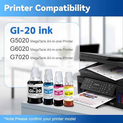 GI-20 GI20 Ink Refill Bottles Kit Replacement for Canon GI-20 Ink Cartridge with G6020 G5020 G7020 Printer, GI20 Ink Bottles 4 Pack (170mL Black Ink Refill, 70mL Cyan Magenta Yellow)