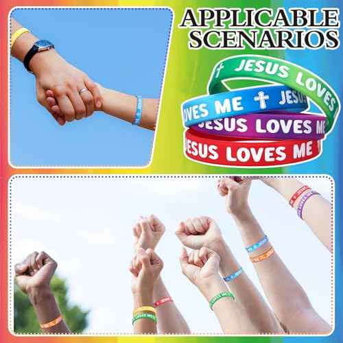 150 Pcs Jesus Loves Me Wristbands Bulk 10 Styles Rainbow Religious Silicone Bracelets Christian Cross Silicone Wristbands Gift for Bible School Church Group