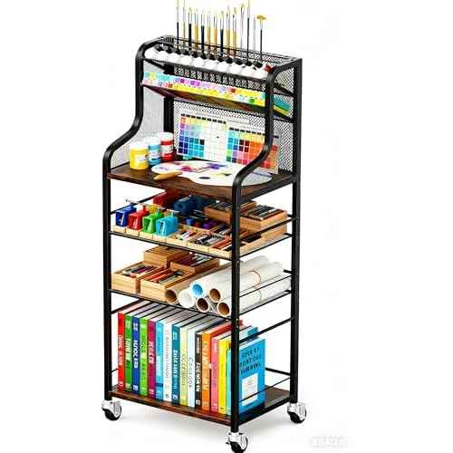 4 Tier Rolling Utility Cart with 360¡Æ Lockable Wheels, Art Supply Storage Organizer for Art Studio, Metal Paint Craft Cart for Paint, for Home and Office