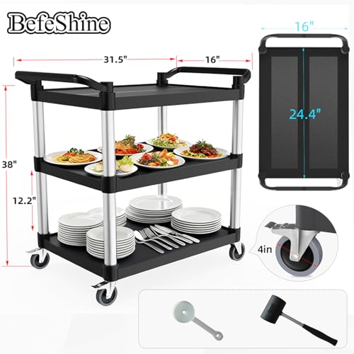 BefeShine 31.5 x 16 x 38 in 3-Tier Plastic Utility Cart with Wheels (S) – Heavy-Duty Restaurant Rolling Cart