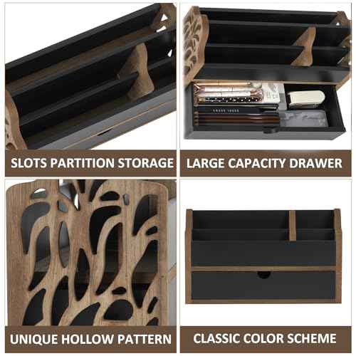 Desk Organizer with Drawer Wood File Office Mail Organizer Countertop-5 Slot Tabletop Storage Pen Organizer Letter Holder for School Home Office Supplies