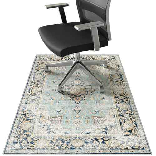 36"x48" Vintage Blue Floral Office Chair Rug, Durable Desk Chair Rug,Machine Washable Computer Chairs Mat on Home Office,Anti Slip Under Desk Carpet, Floor Protectors for Computer Floor, Rolling Mat
