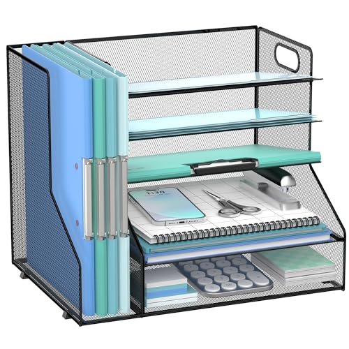 SUPEASY Desk Organizer with File Holder, 5-Tier Mesh Paper Letter Tray with Magazine Holder, Desktop Organizer and Storage for Desk Accessories Office Supplies, Black