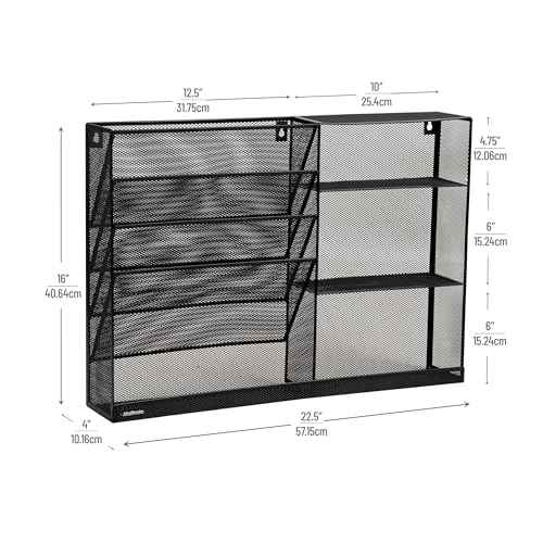 Mind Reader 4-Tier Vertical File Storage and Shelves, Desktop Organizer, Wall Mount, Office, Metal Mesh, 22.5" L x 4" W x 16" H, Black