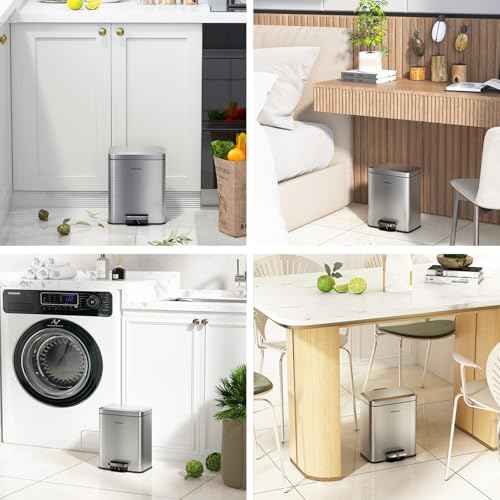 Small Bathroom Trash Can with Lid Soft Close, Stainless Steel Small Garbage Can with Removable Inner Bucket, Step Pedal, Trash Bins for Kitchen, Office, Bedroom, dorm, Brushed Gray (6L/1.6Gal)