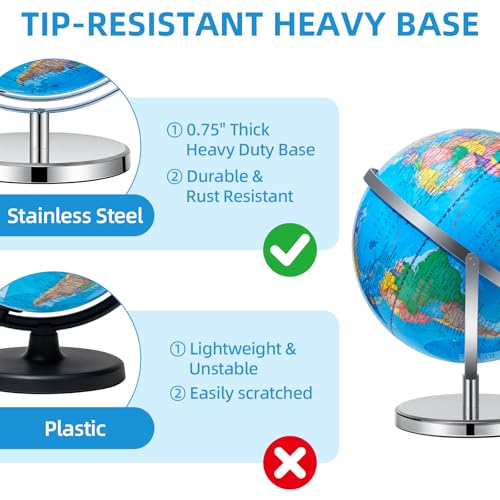 BSHAPPLUS 13-Inch World Globe with Metal Stand, 720° Full Rotation, Not Illuminated