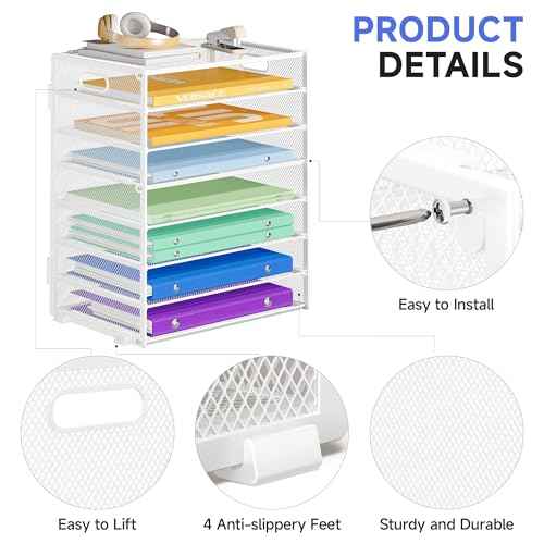 8 Tier Paper Organizer with Handle, Metal Mesh Desk File Organizer, Large Capacity Desk Organizers Paper Letter Tray Desktop Document Sorter for Office, Home or School - White