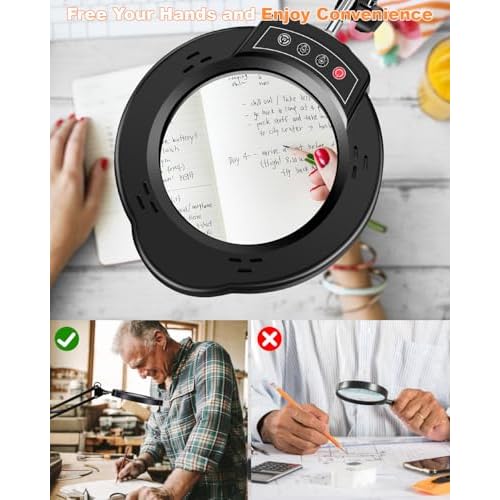 10X Magnifying Glass with Light, 5 Color Modes Stepless Dimmable LED Desk Lamp, Hands Free Lighted Magnifying Glass for Close Work Reading Craft Hobby