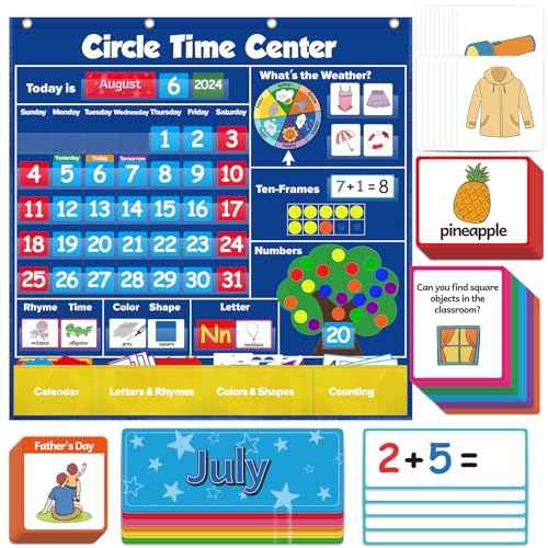 Circle Time Learning Center Pocket Chart Classroom Calendar for Kids, Weather Chart Counting Alphabet Ten Frame Color, Kindergarten Preschool Classroom Must Haves Pre K Learning Activities