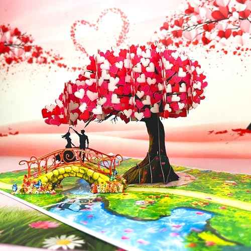 Anniversary Pop Up Card, 3D Love Tree Hearts with Couple, Wedding Anniversary Card for Wife, Husband, Couple, Love Card for Her, Him, Ideal Gift for Wedding, Anniversary, Valentines, Romantic Birthday, Mothers Day