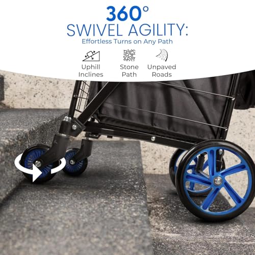 SereneLife Small Compact Folding Shopping Cart with Removable Waterproof Liner ? 360¡Æ Swivel Wheels, Rust?Proof Steel Frame, 70?lb Capacity ? Portable Grocery, Laundry & Travel Cart (Blue)