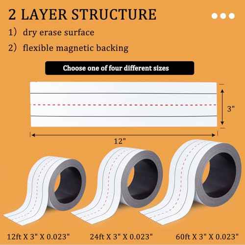 Dry Erase Magnetic Strips, White Magnet Tape Roll-3 Inch x 60 Feet, Erasable, Labels, Stick On, Writable Magnetic Sheets for Refrigerator, Crafts and Whiteboard