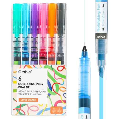 Grabie Dual Tip Notetaking Pens (3.5mm Chisel + 0.5mm Needle), Dual Tip Highlighter Markers for Journaling, Colored Pens for Note Taking and Adult Coloring Books (Vivid Splash)