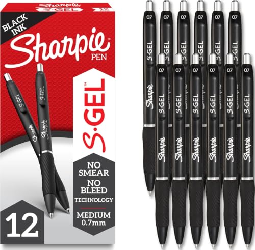 Sharpie S-Gel Gel Pens Pack of 12 - Black Medium Point (0.7mm) for Office & School