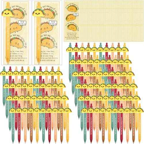 100 Set Positive Taco Gift Funny Emotional Support Taco Ballpoint Pen with Inspirational Bookmark Christmas Employee Appreciation Gift for Coworker Nurse Teacher Student Birthday Party Favor