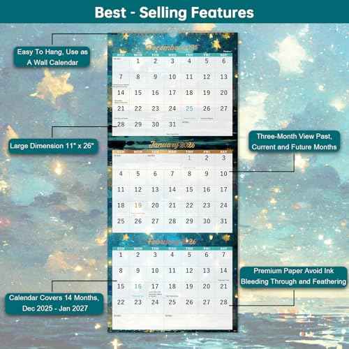 2026 Calendar - 3 Month Wall Calendar Vertical Display (Folded in a Month), JAN 2026 - DEC 2026, 11" x 26", 3 Month Calendar, 2026 Wall Calendar 12 Month - Green