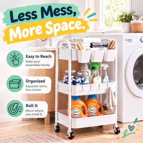 Recximi Simple White 3-Tier Heavy Duty Metal Rolling Cart with Lockable Wheels