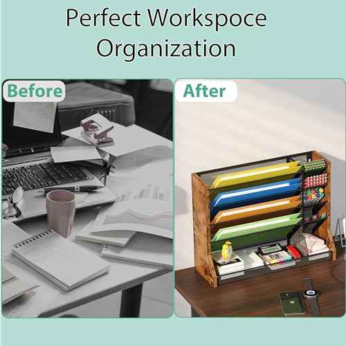 Wall Desk File Organizer 5 Tiers, Ironwood Hanging File Organizer with R-shaped Tray, Wall File Holder for Office Home, 4 Pull-Out Divider and Pen Slots to Sort File,Mail,Newspaper,Pen, Brown
