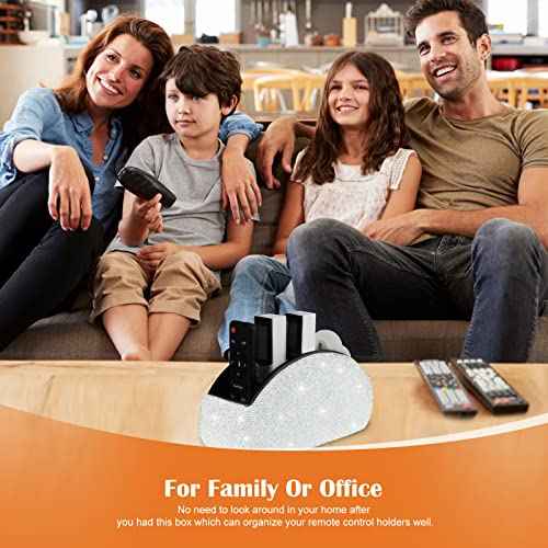 KEYPOWER Remote Control Holder Organizer Table Desk Leather Control Storage TV Remote Control Organizer with 5 Spacious Compartments Bling Crystal Luxury Handmade Diamond (White)