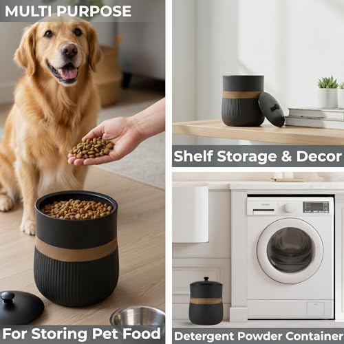 Escenzy Black Bathroom Trash Can with Lid 5L | 7" x 10" | Decorative Small Garbage Can | Modern Ceramic Waste Basket for Bathroom, Bedroom, Kitchen, Hotels or Living Room Decor | Luxe Restroom Decor