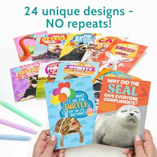T MARIE 24 Funny Animal Joke Notecards With No Repeats - Humorous Bulk Cards Set - 4.5¡± x 6.25¡± Thinking of You Cards for Friends, Kids, Students, Teachers, Summer Camp and More
